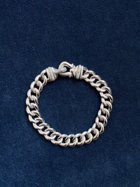 David Yurman 925 Sterling Silver Curb Chain Bracelet With Diamonds